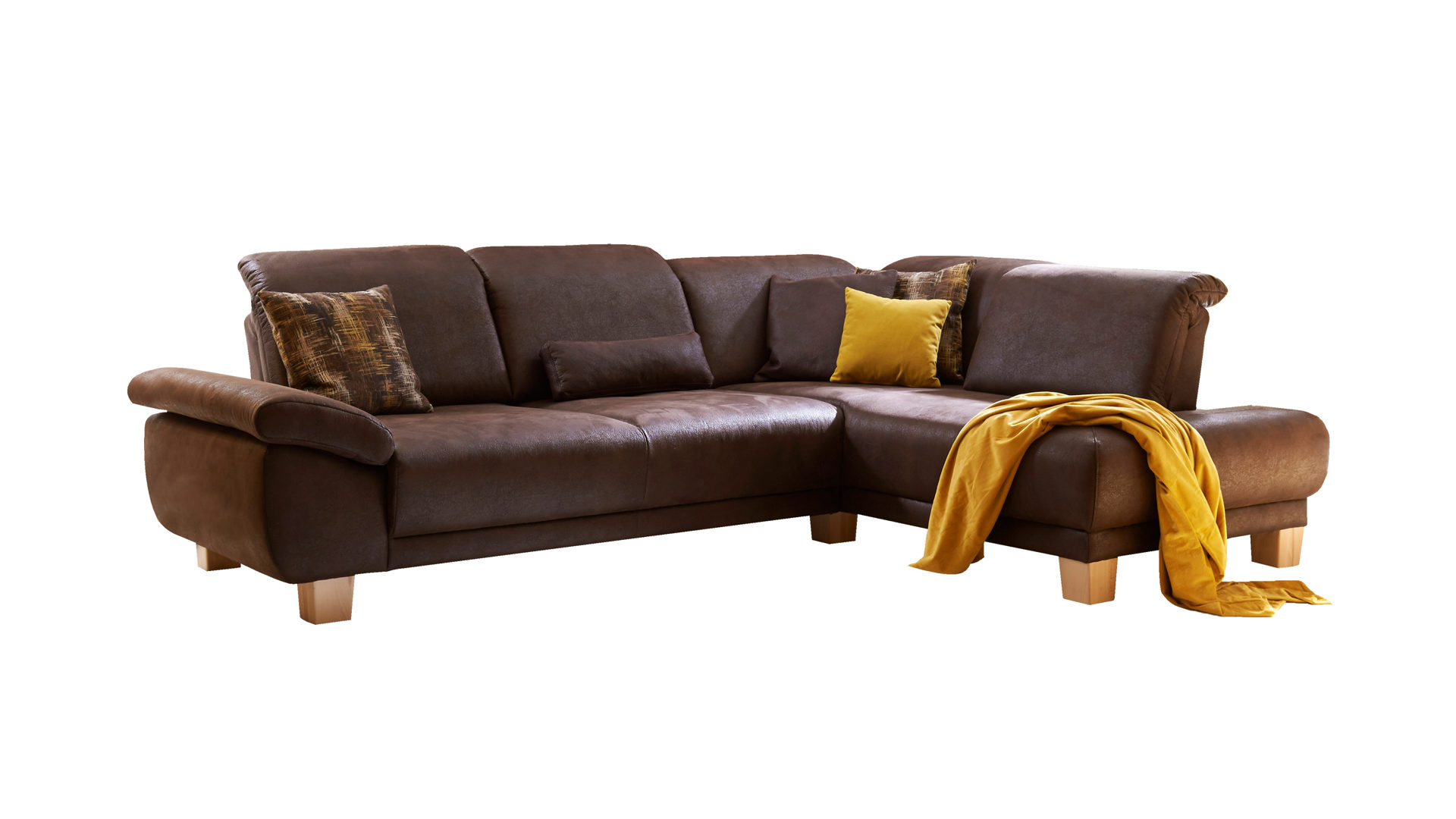 Ecksofa Dietsch aus Stoff in Braun Eckkombination mit Sofa und Ottomane mokkafarbener Stoffbezug Büffel 01 – Schenkelmaß ca. 290 x 210 cm