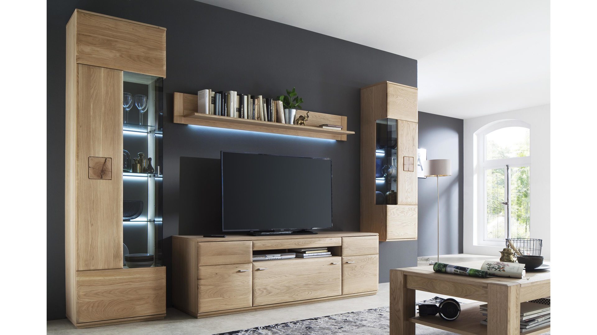 Wohnwand Mca furniture aus Holz in Holzfarben Wohnkombination biancofarbenes Eichenholz & Hirnholz – vierteilig, Breite ca. 320 cm