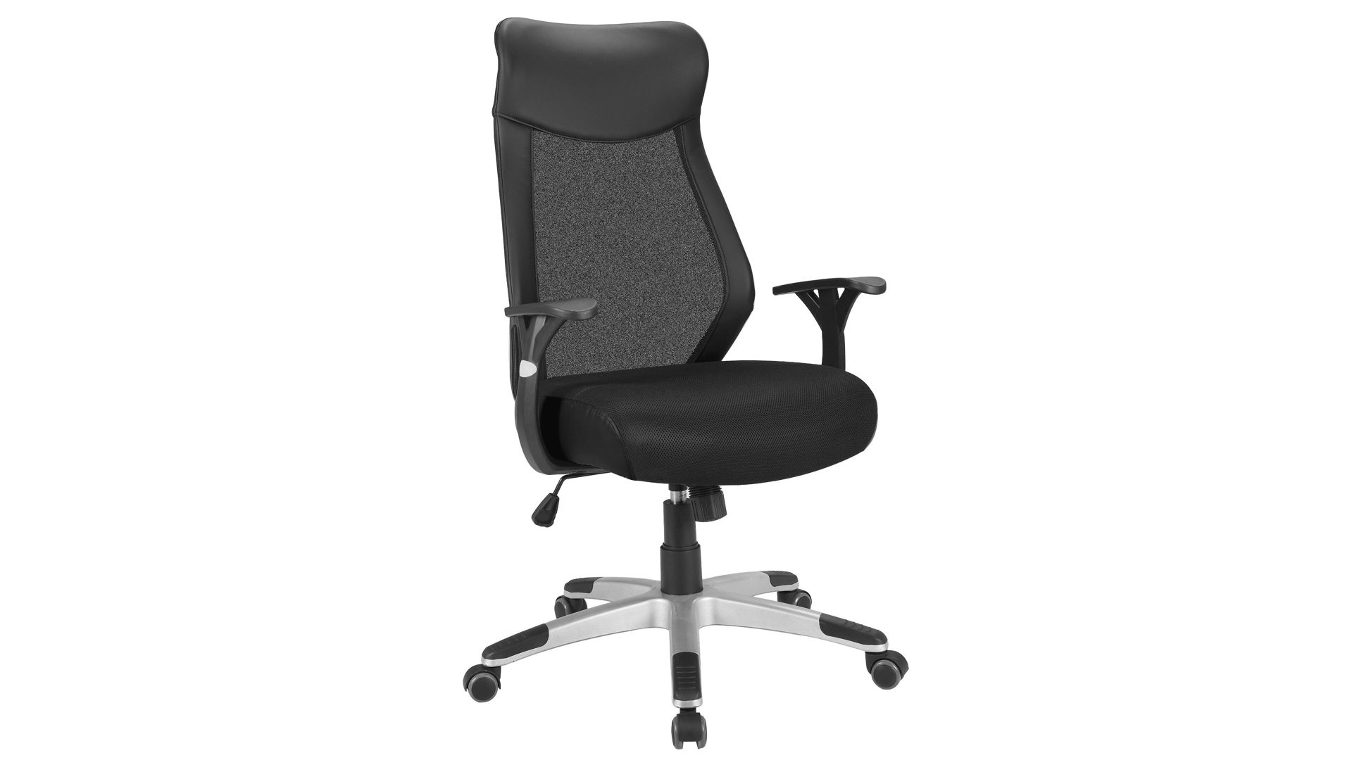 Chefsessel Duo collection aus Stoff in Schwarz Chefsessel bzw. Bürostuhl schwarzer Netzbezug & schwarzes Kunstleder, silberfarbenes Drehkreuz