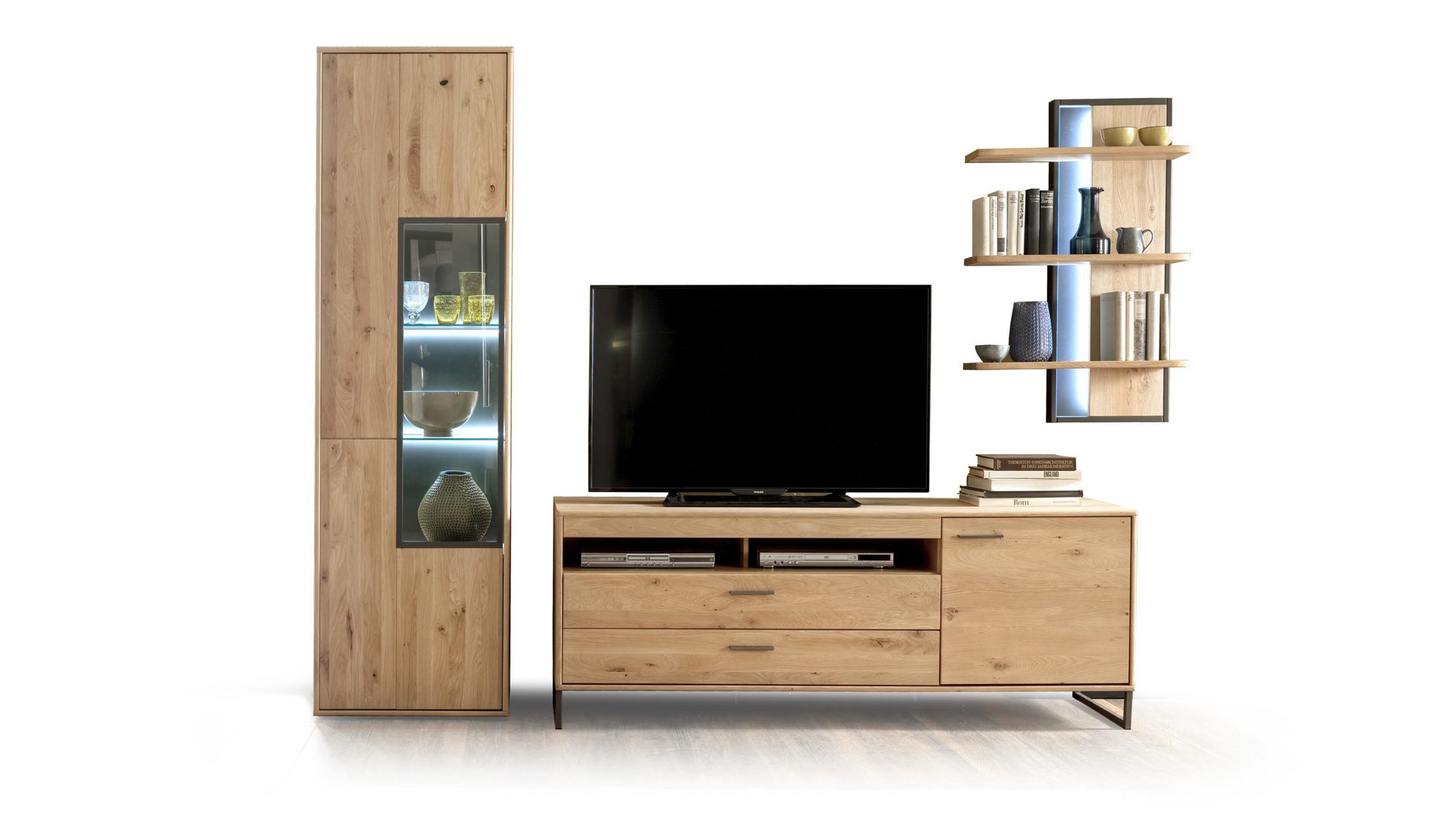 Wohnwand Mca furniture aus Holz in Holzfarben Wohnkombination Bianco geölte Asteiche & anthrazitfarbene Lackoberflächen – dreiteilig