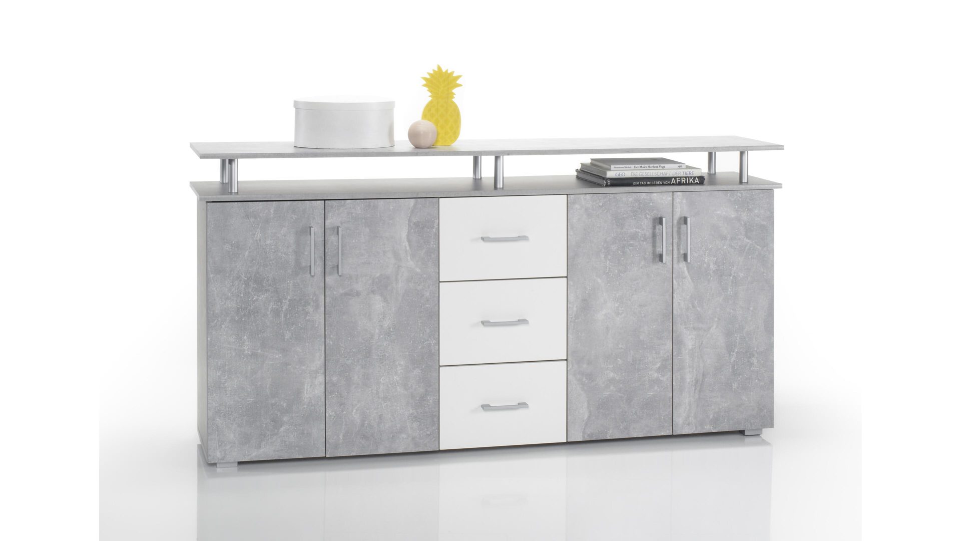 Sideboard Bega consult aus Holz in Grau Sideboard betonfarbene & weiße Kunststoffoberflächen – vier Türen, drei Schubladen