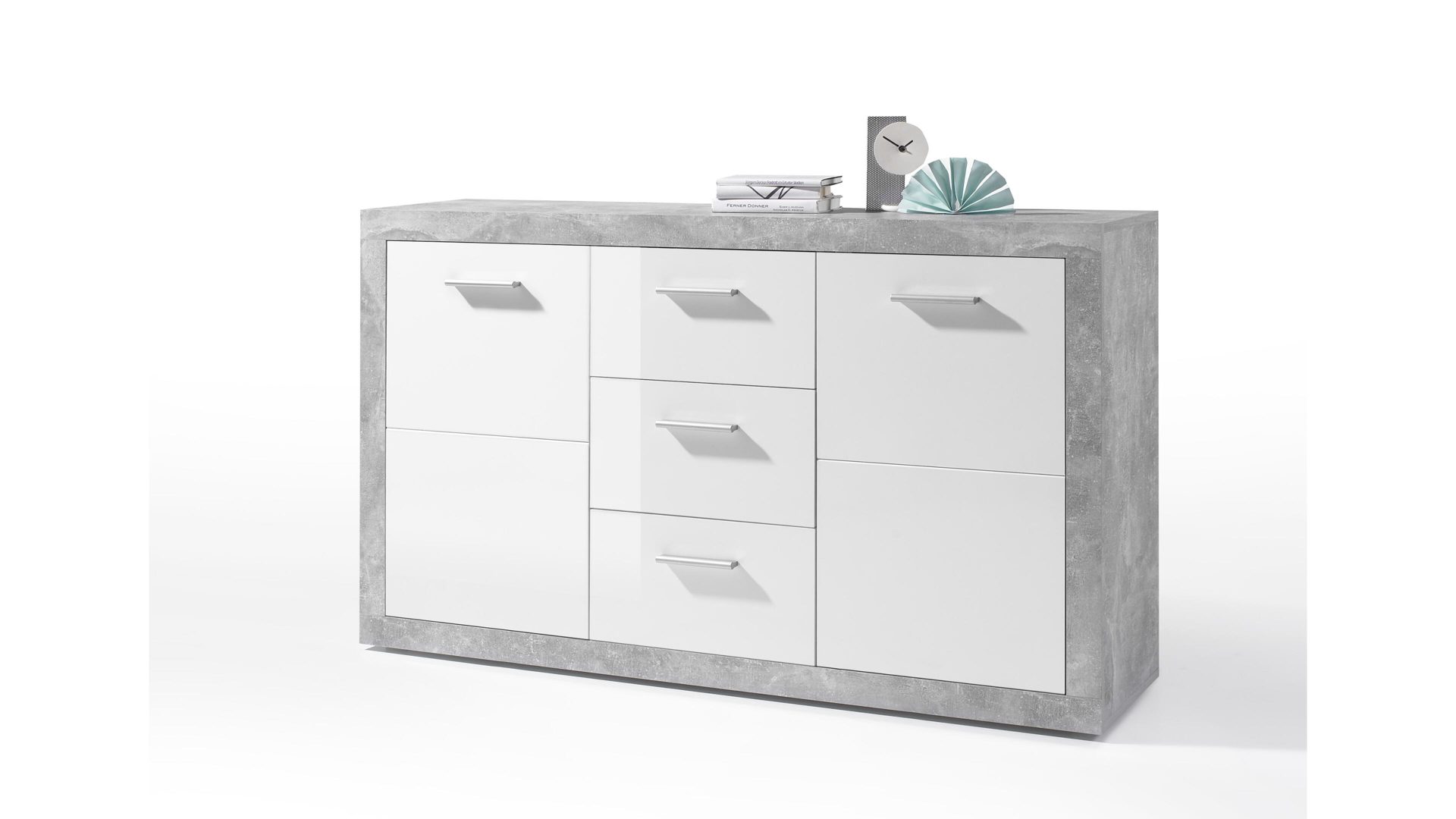 Sideboard Bega consult aus Holz in Weiß Sideboard betonfarbene & weiße Kunststoffoberflächen – zwei Türen, drei Schubladen