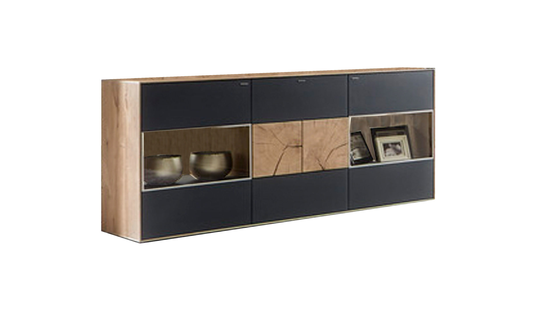 Sideboard Hartmann aus Holz in Grau Sideboard - Kombikommode anthrazitfarbenes Mattglas & Kerneiche – drei Türen, eine Schublade