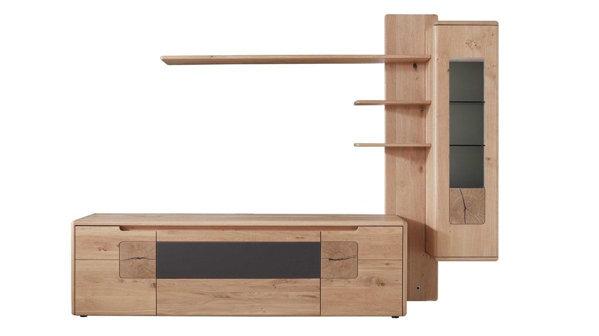 Wohnwand Wöstmann markenmöbel aus Holz in Holzfarben WÖSTMANN Wohnwand Solento Wildeiche, Hirnholz & Mattglas – dreiteilig