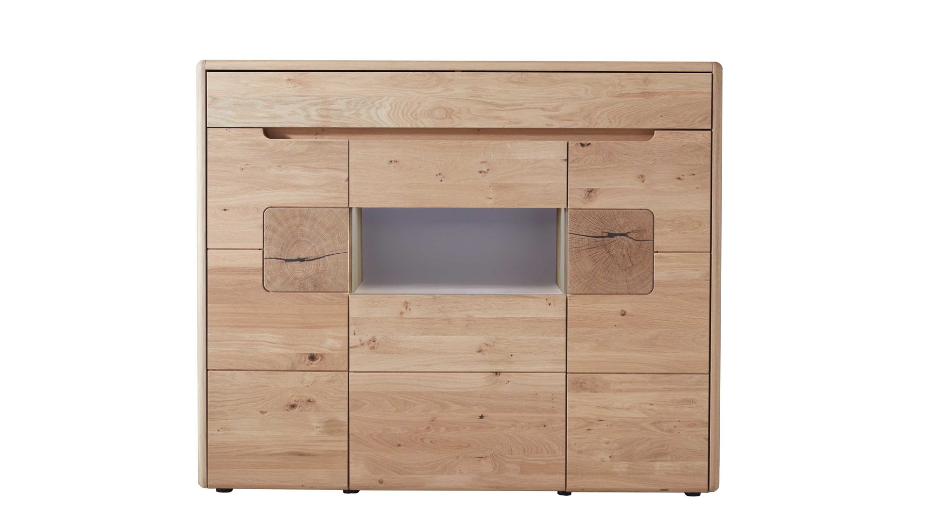 Highboard Wöstmann markenmöbel aus Holz in Holzfarben WÖSTMANN Highboard Solento Wildeiche, Hirnholz & Mattglas – drei Türen, eine Schublade