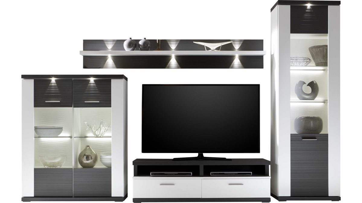 Wohnwand Ideal möbel aus Holz in Grau Wohnkombination Manhattan - Wohnwand mit TV-Aufsatz Weiß & Graphit – fünfteilig, Breite ca. 330 cm