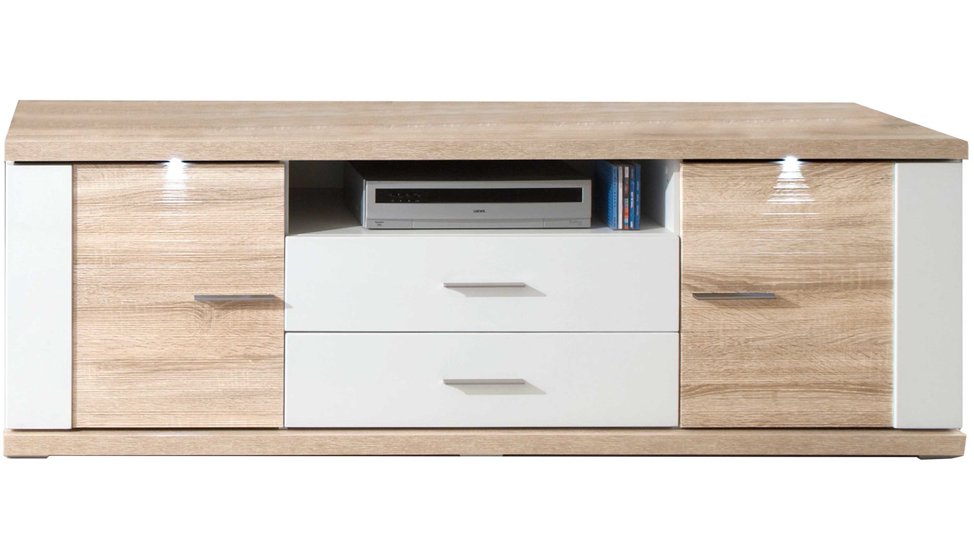 Lowboard Ideal möbel aus Holz in Holzfarben Medien-Lowboard Manhattan Weiß & Eiche sägerau – zwei Türen, zwei Schubladen, Länge ca. 207 cm