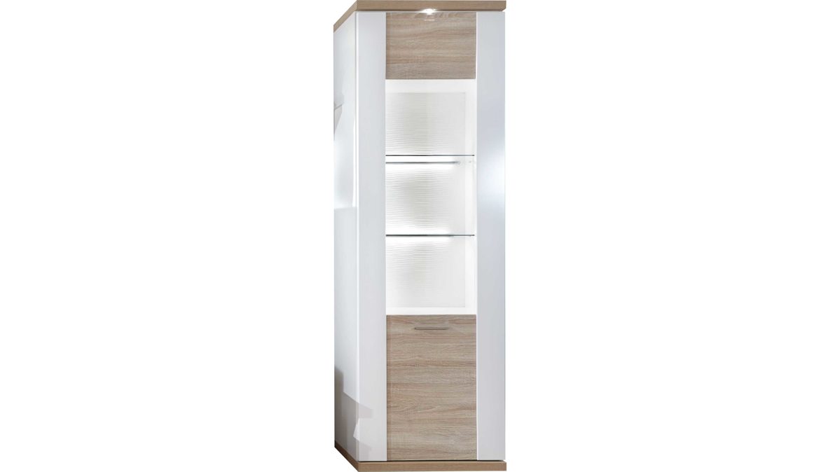 Vitrine Ideal möbel aus Holz in Holzfarben Vitrine Manhattan Weiß & Eiche sägerau – eine Tür, rechts