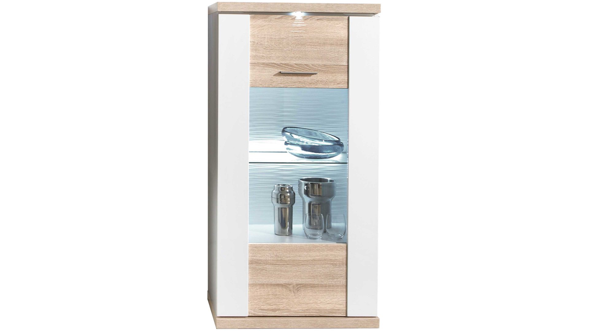 Vitrine Ideal möbel aus Holz in Holzfarben Highboard-Vitrine Manhattan Weiß & Eiche sägerau – eine  Tür,  links