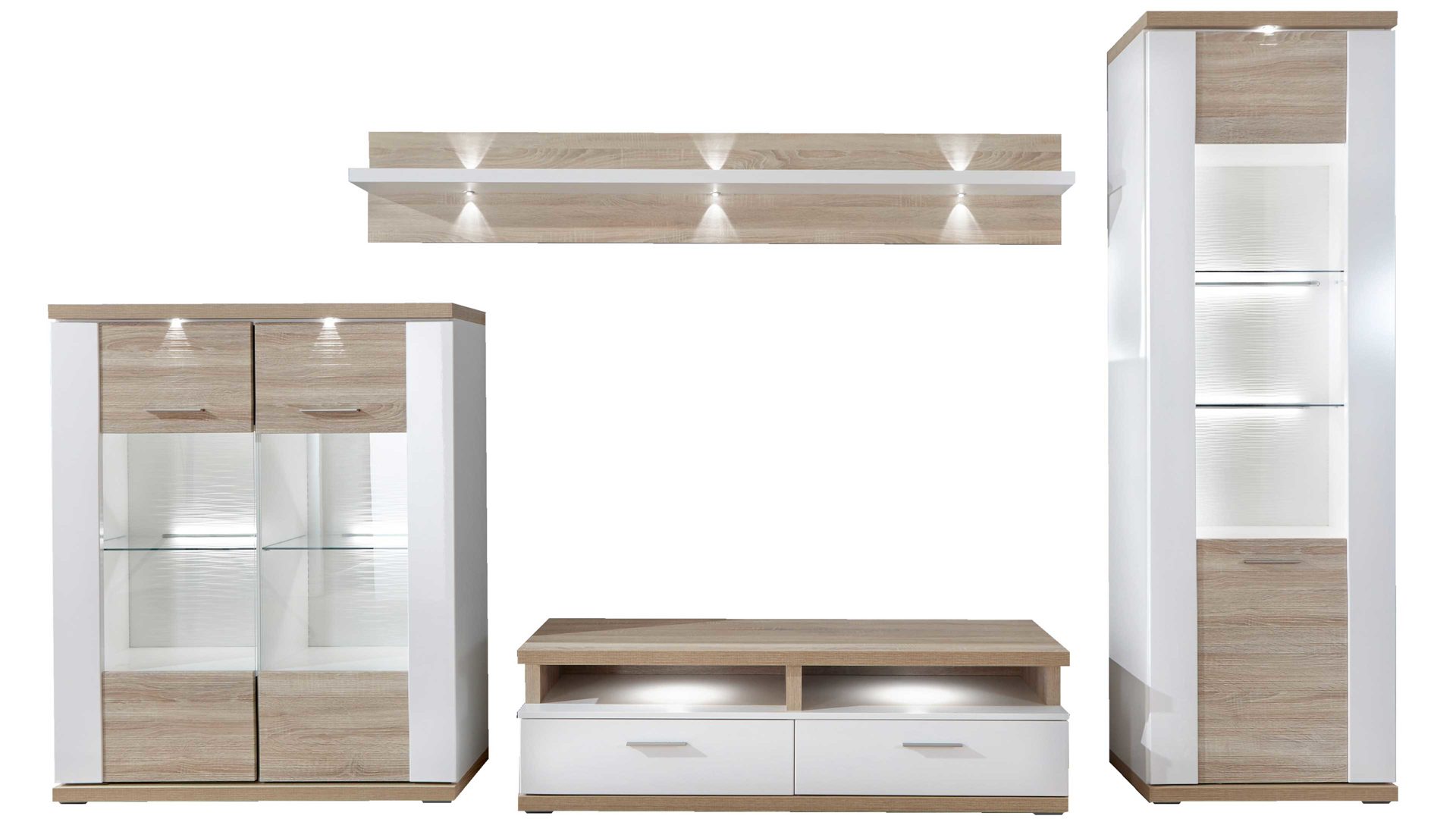 Wohnwand Ideal möbel aus Holz in Holzfarben Wohnkombination Manhattan - Wohnwand mit TV-Möbel Weiß & Eiche sägerau – fünfteilig, Breite ca. 330 cm