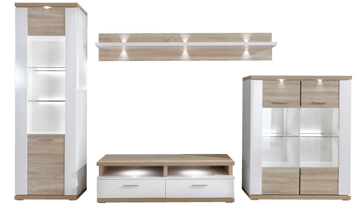 Wohnwand Ideal möbel aus Holz in Holzfarben Wohnkombination Manhattan - Wohnwand mit TV-Möbel Weiß & Eiche sägerau – fünfteilig, Breite ca. 330 cm
