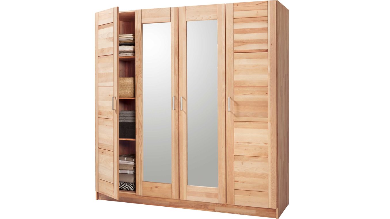 Kleiderschrank Elfo-möbel aus Holz in Holzfarben Kleiderschrank Tollow und stilvolles Schlafzimmermöbel geöltes Kernbuchenholz - zwei Holztüren, zwei Spiegeltüren