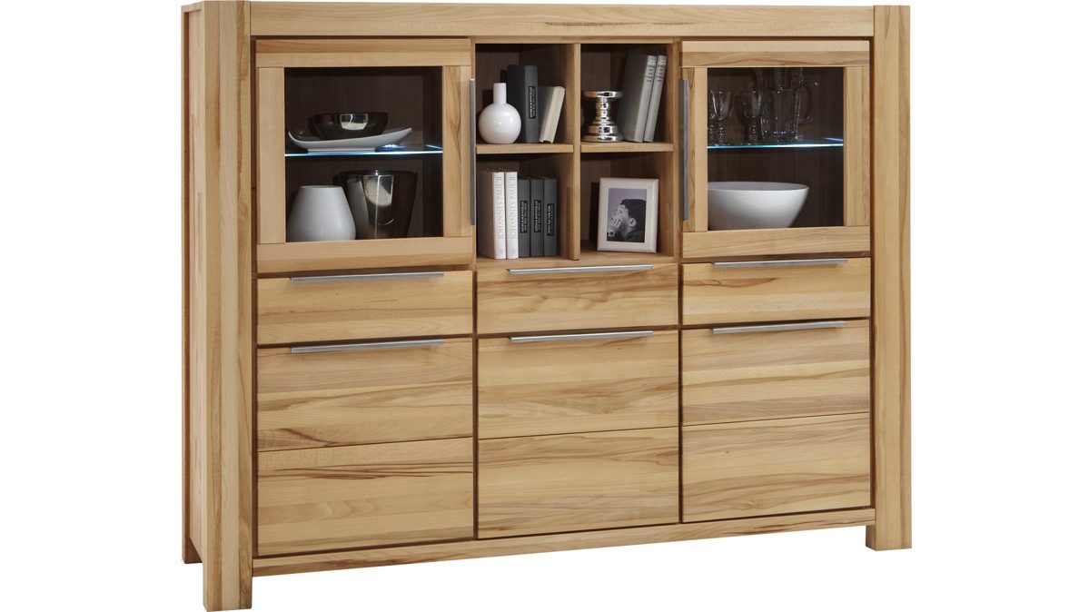 Highboard Elfo-möbel aus Holz in Holzfarben Highboard Nena Kernbuche - fünf Türen, drei Schubladen & vier offene Fächer