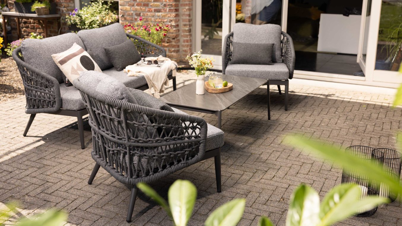 Gartenmöbel-Set Interliving aus Kunstfaser in Grau Interliving Gartenmöbel Serie 7013 - Loungemöbel-Set grauer Olefin-Teddybezug, Rope & Aluminium - dreiteilig