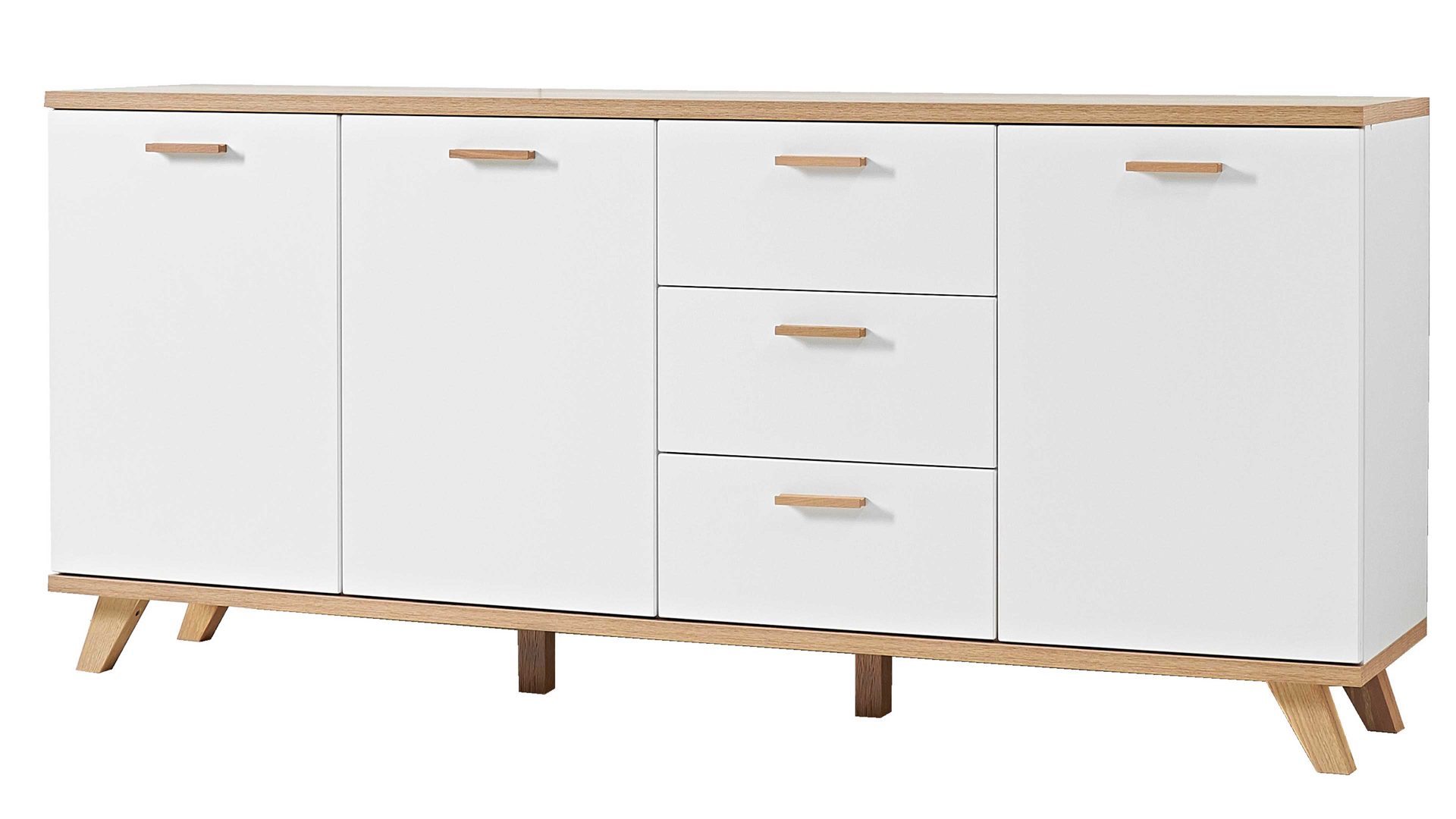 Sideboard Germania aus Holz in Weiß Sideboard Oslo als Kombikommode Mattweiß & Sanremo Eiche - drei Türen, drei Schubladen