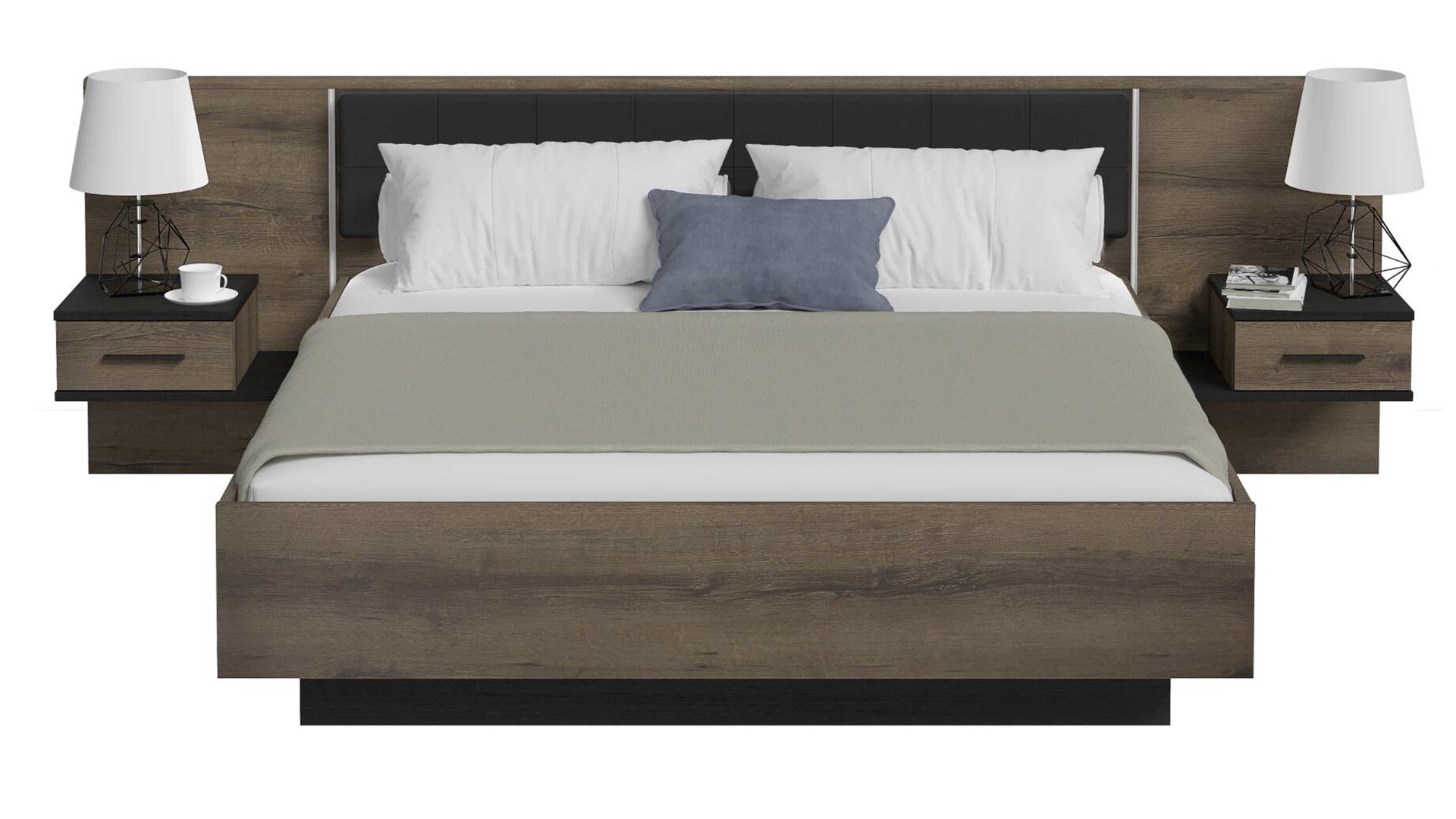 Doppelbett Forte aus Holz in Holzfarben Bettgestell Bellevue mit Nachtkommoden Schwarzeiche & Schlamm – Liegefläche ca. 180 x 200 cm
