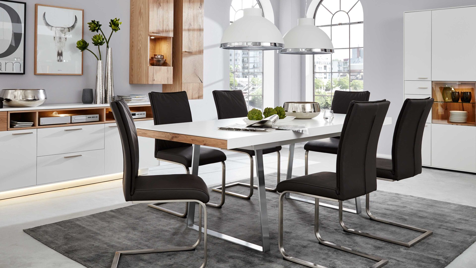 Auszugtisch Interliving aus Holz in Weiß Interliving Wohnzimmer Serie 2102 - Auszugtisch 510760 Asteiche & weißer Mattlack – ca. 160 x 90 cm