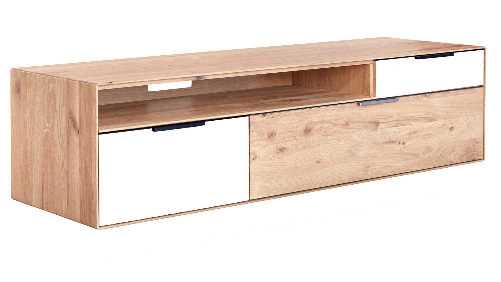 Lowboard Interliving aus Holz in Weiß Interliving Wohnzimmer Serie 2005 – Lowboard 117 612 Optiwhite & Asteiche Bianco – eine Klappe, zwei Schubladen