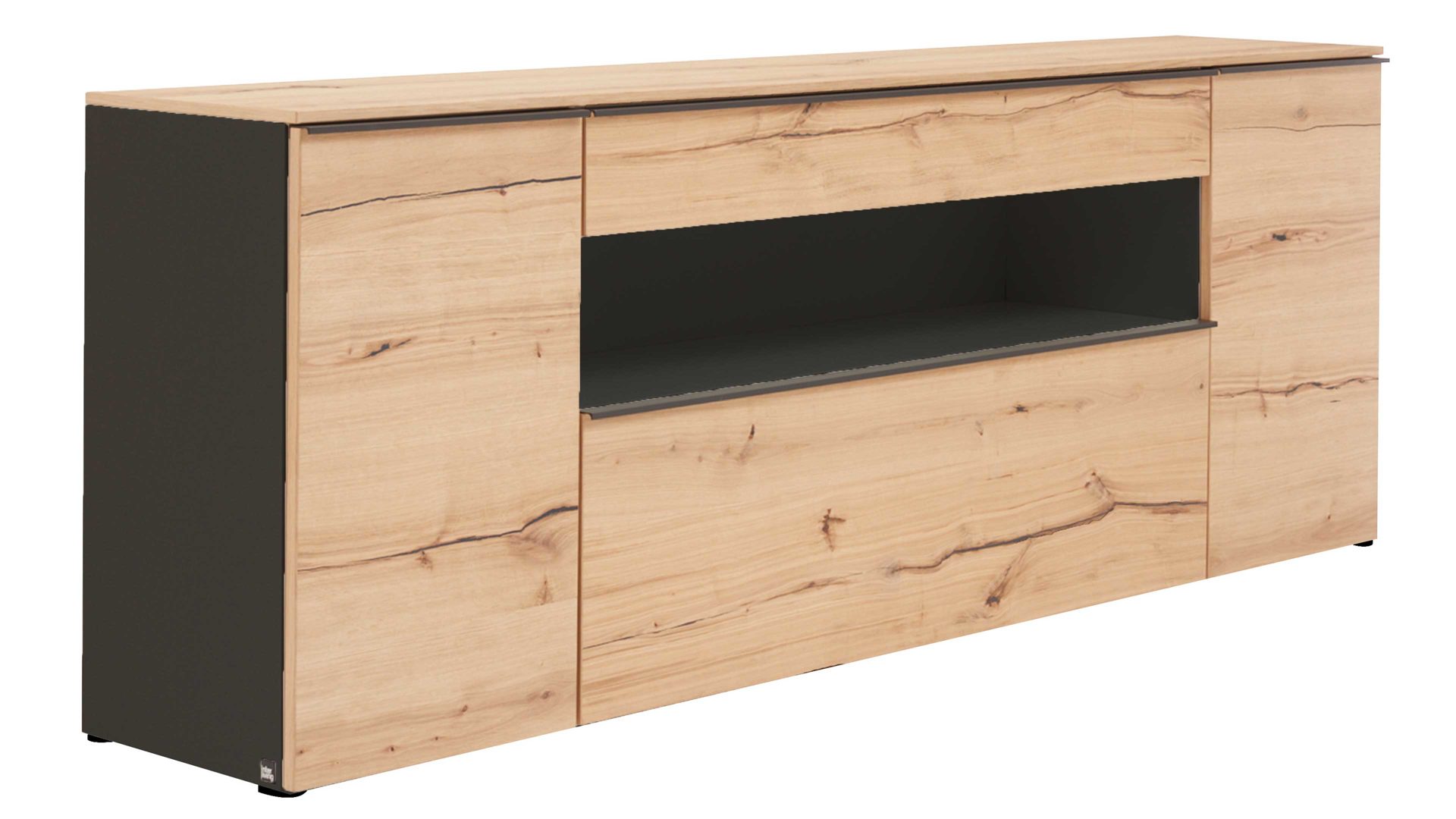 Sideboard Interliving aus Holz in Schwarz Interliving Wohnzimmer Serie 2103 – Sideboard Schiefer Schwarz & Asteiche - höhenverstellbare Füße