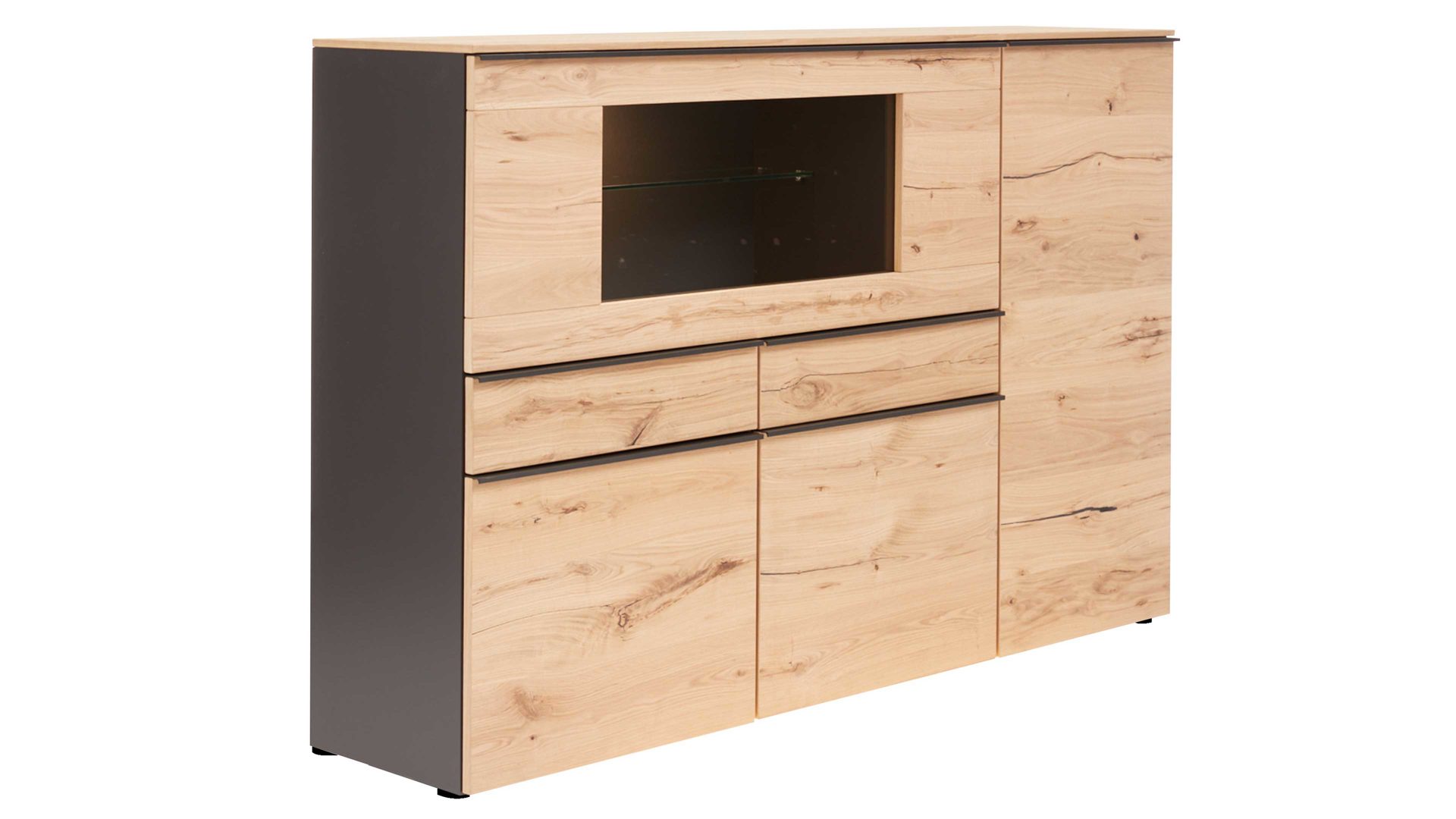 Highboard Interliving aus Holz in Schwarz Interliving Wohnzimmer Serie 2103 – Highboard 560713 Schiefer Schwarz & Asteiche - höhenverstellbare Füße