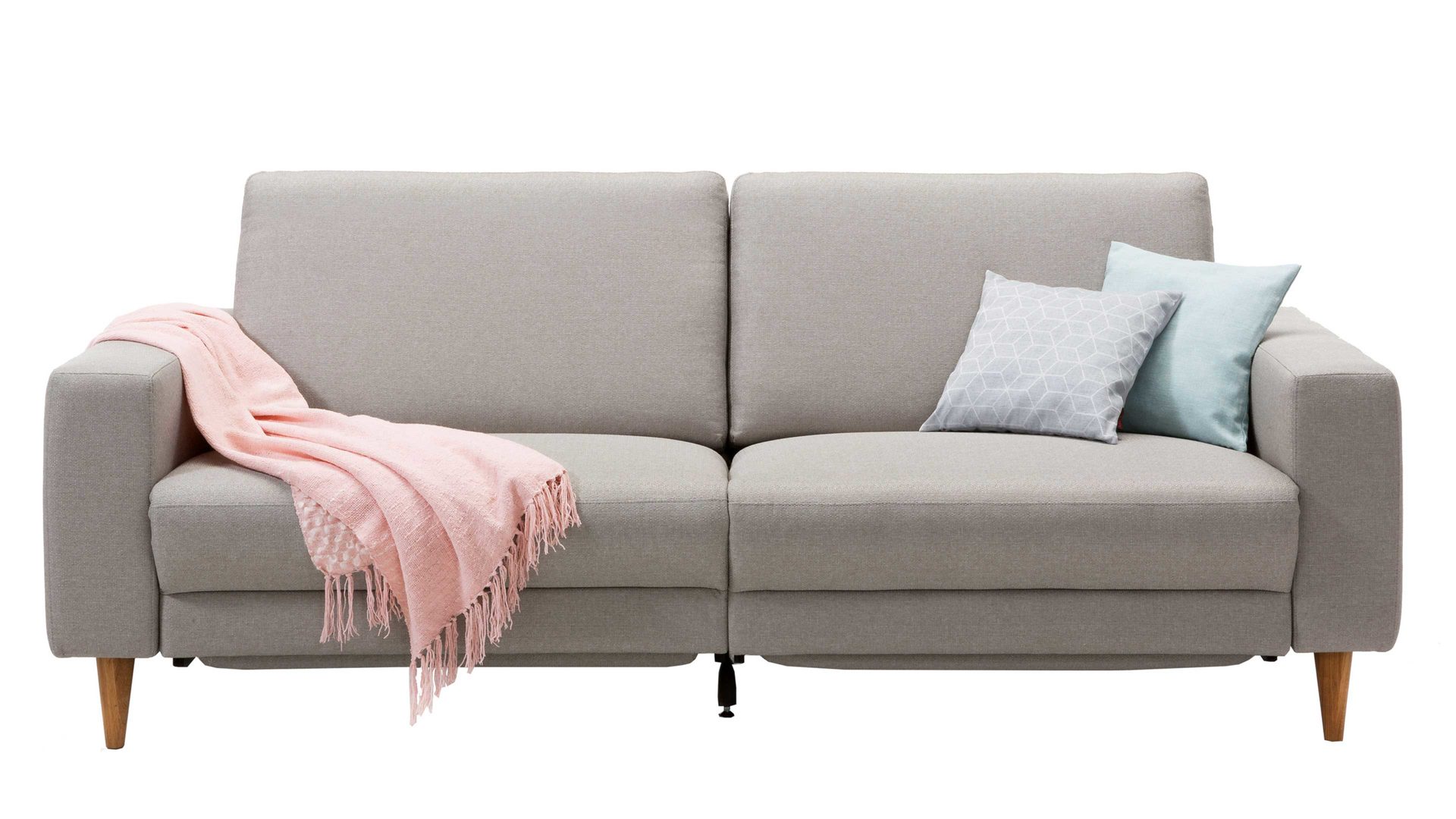 Zweisitzer Knudsen aus Stoff in Grau Zweisitzer-Sofa mit Funktion - Polstermöbel grauer Bezug Idaho 2801 & geölte Eichenholzfüße – Breite ca. 218 cm