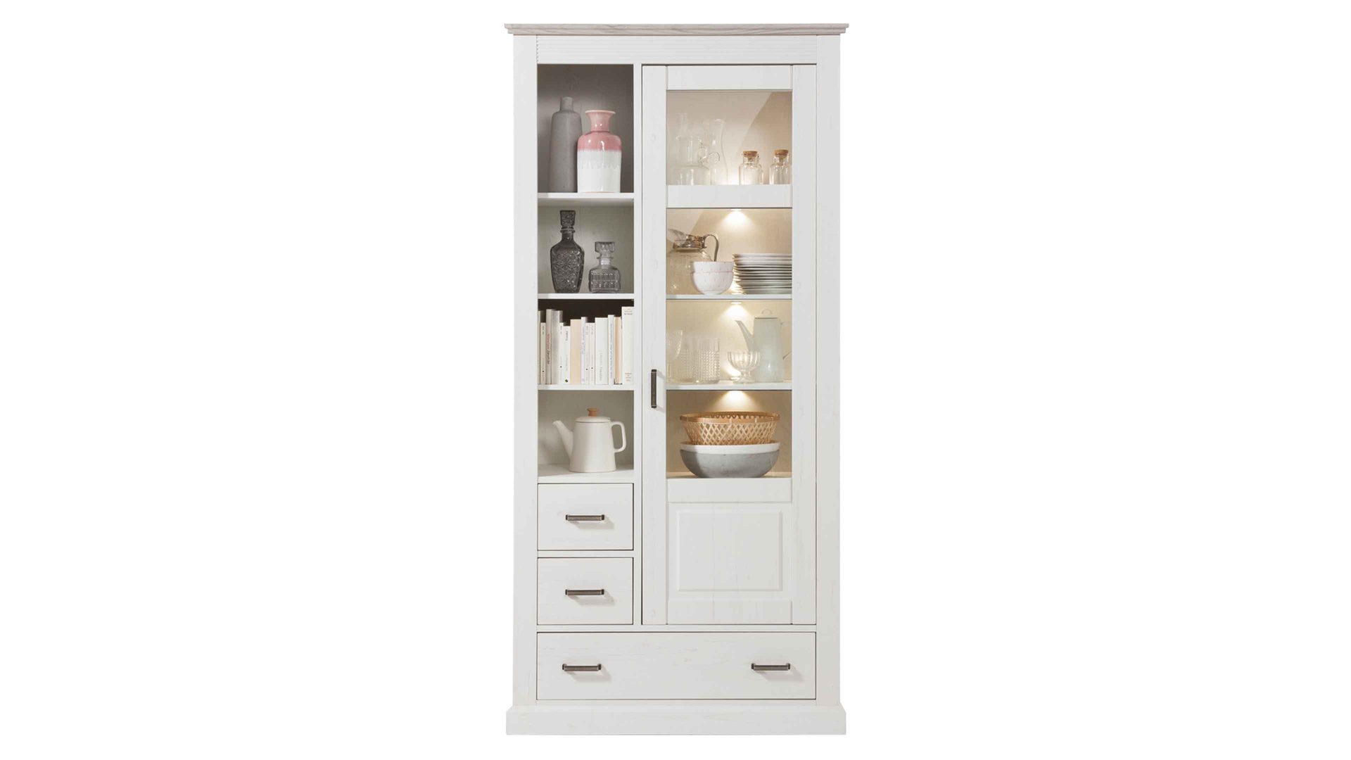 Vitrine Wohn-concept aus Holz in Holzfarben Vitrine bzw. Wohnzimmerschrank Pinie & Taupe – Höhe ca. 204 cm, eine Tür & drei Schubladen, vier offene Fächer