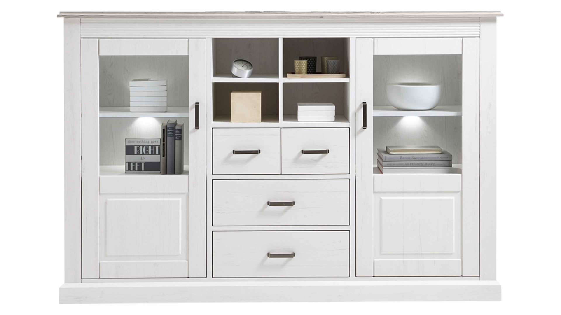 Highboard Wohnconcept aus Holz in Weiß Highboard inklusive Beleuchtung bzw. Kommode Pinie & Taupe – zwei Türen, vier Schubladen & vier Fächer
