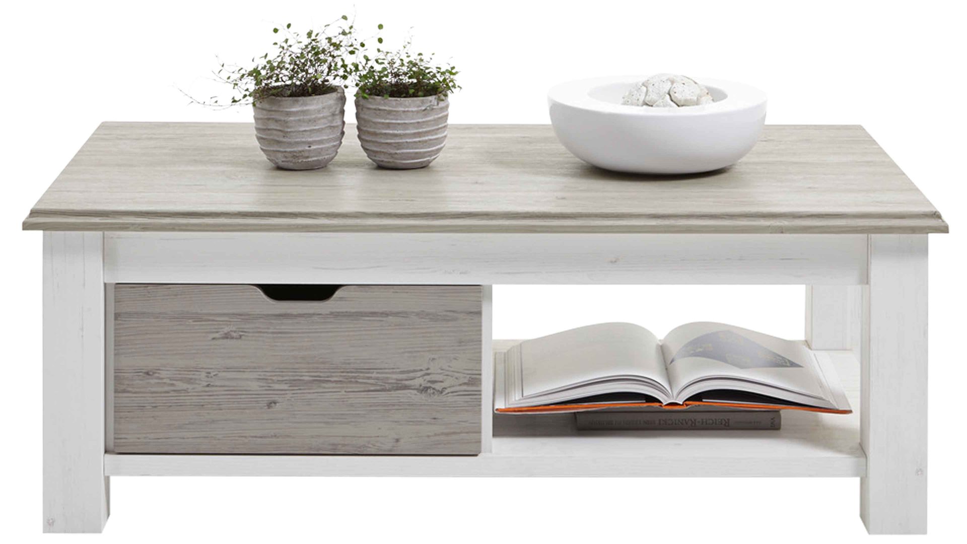 Couchtisch Wohnconcept aus Holz in Hellgrau Couchtisch bzw. Sofatisch Pinie & Taupe - ca. 124 x 45 x 69 cm