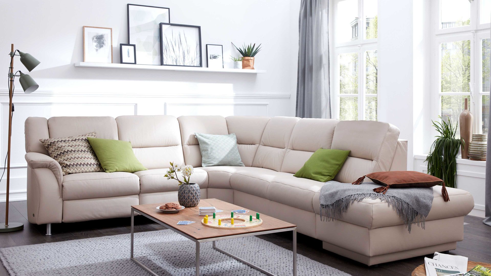 Ecksofa modulmaster aus Leder in Beige Modulmaster 1104 - Relax-Wohnlandschaft mit Federkern marmorfarbenes LongLife-Leder – Stellfläche ca. 251 x 290 cm