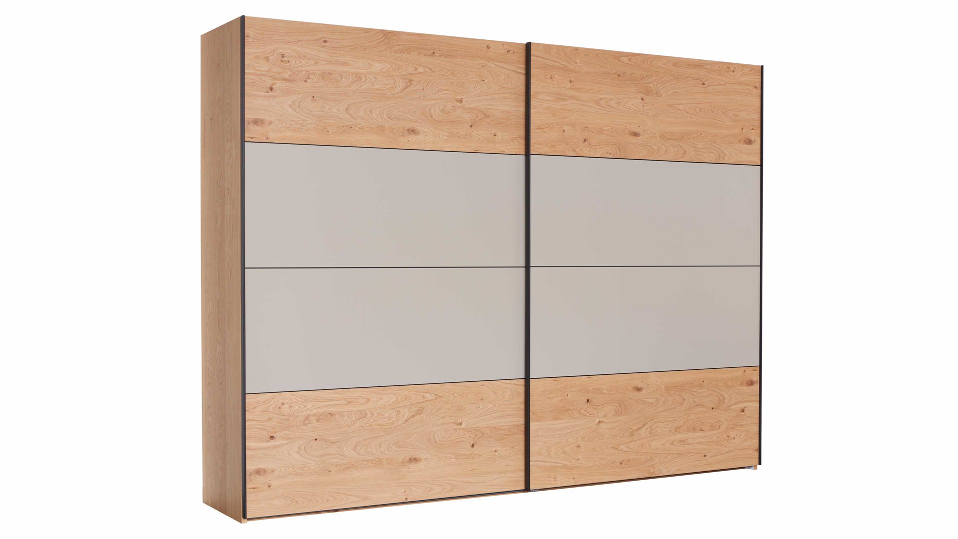 Kleiderschrank Interliving aus Holz in Grau Interliving Schlafzimmer Serie 1024 – Schwebetürenschrank 983054 Design 25,  Taupe & Balkeneiche - zwei Türen, Breite ca. 301 cm