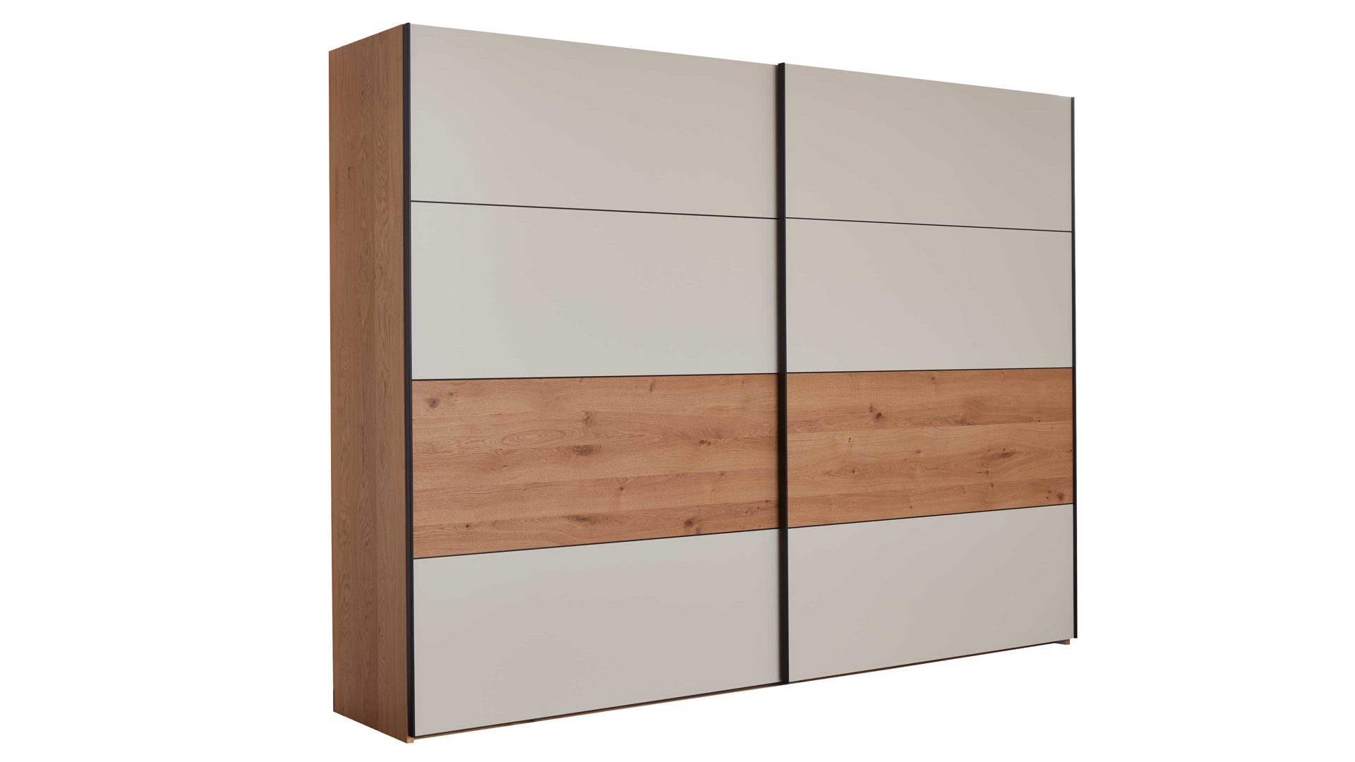 Kleiderschrank Interliving aus Holz in Beige Interliving Schlafzimmer Serie 1024 – Schwebetürenschrank Design 27,  Sand & Balkeneiche - zwei Türen, Breite ca. 301 cm
