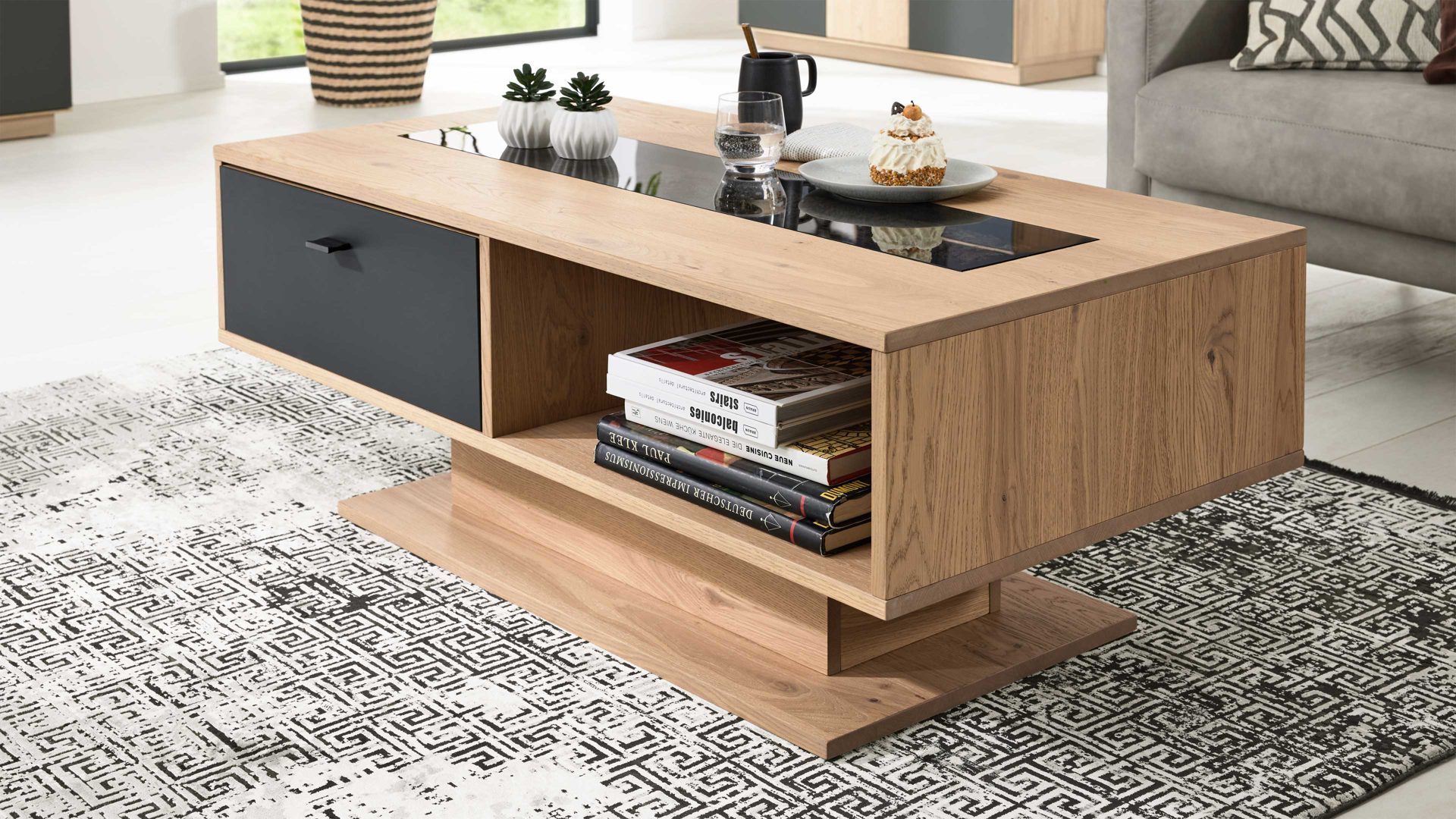 Couchtisch Interliving aus Holz in Holzfarben Interliving Wohnzimmer Serie 2025 - Couchtisch Wildeiche, Anthrazit & Kork - ca. 115 x 65 cm