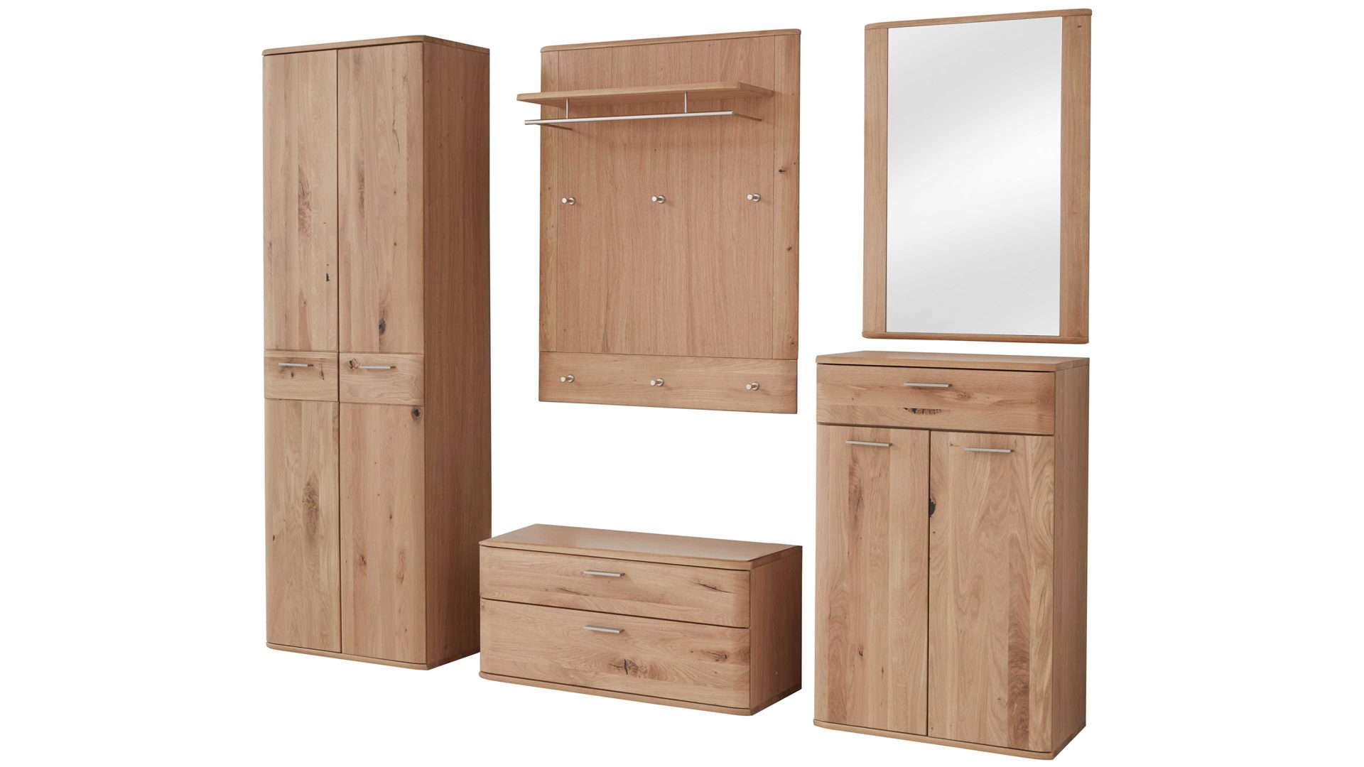 Garderoben-Set Mca furniture aus Holz in Holzfarben Garderoben-Set Nilo biancofarbene Balkeneiche – fünfteilig