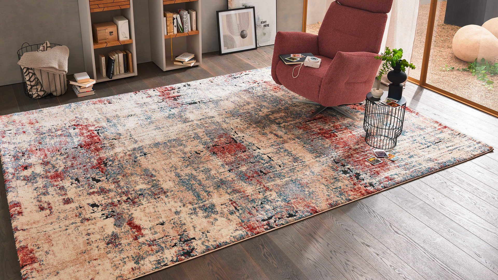 Webteppich Interliving aus Kunstfaser in Beige Interliving Teppich Serie L-8800 Creme-Rot-Blau – ca. 140 x 200 cm