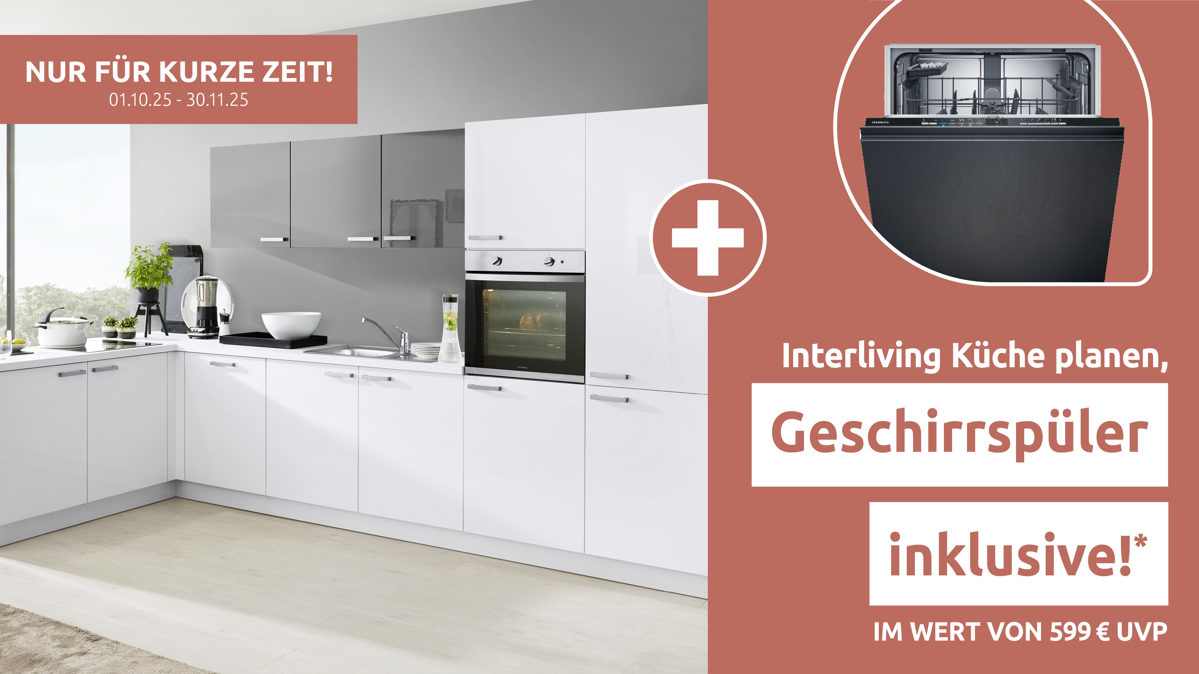 Einbauküche Interliving aus Holz in Weiß Interliving Küche Serie 3022 mit privileg Einbaugeräten Weiß & Lava Hochglanz – Stellfläche ca. 185 x 380 cm