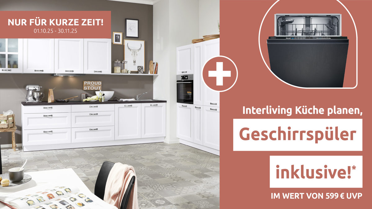 Einbauküche Interliving aus Holz in Weiß Interliving Küche Serie 3023 mit AEG Einbaugeräten Weiß & Mooreiche – zweizeilig