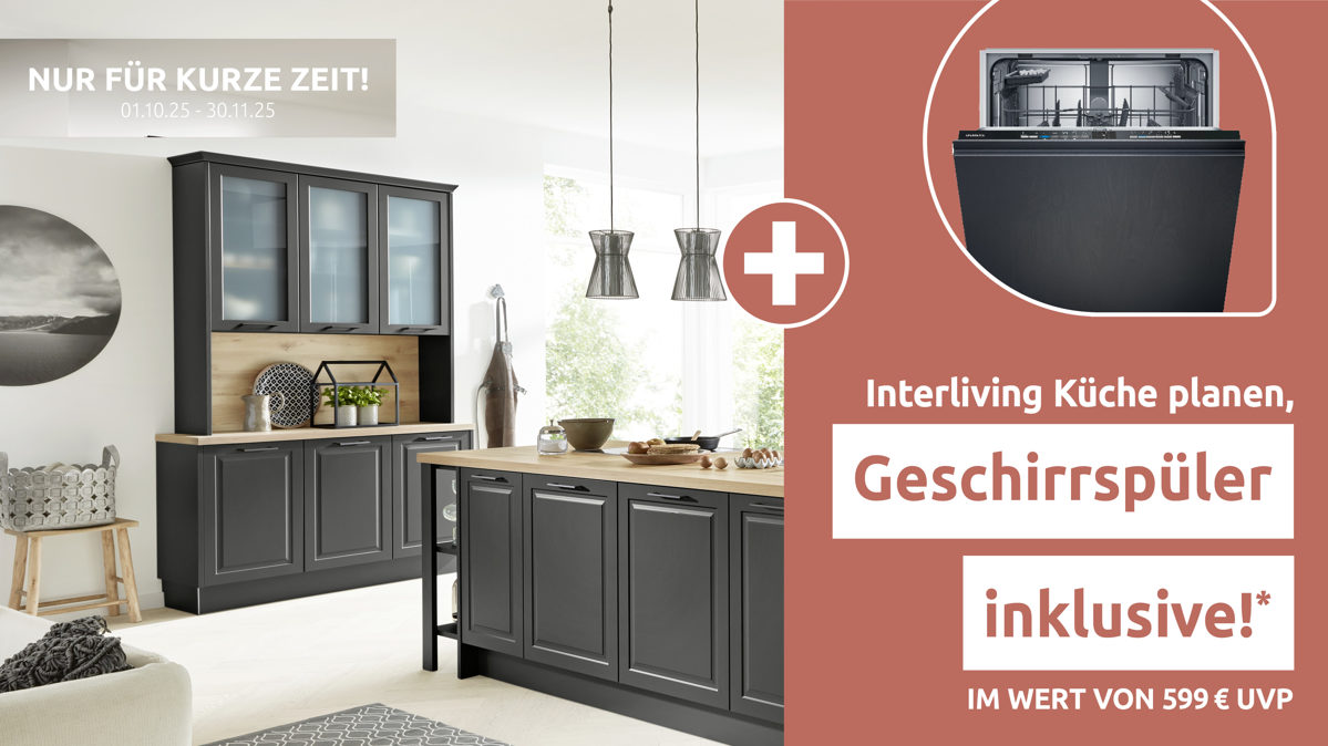 Buffet Interliving aus Holz in Dunkelgrau Interliving Küche Serie 3044 - Buffetschrank Graphit & Kernbuche – Breite ca. 150 cm