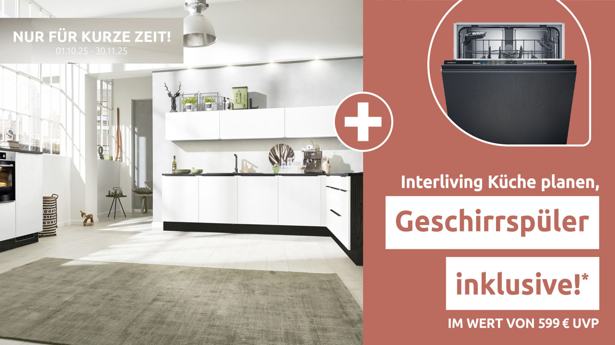 Einbauküche Interliving aus Holz in Weiß Interliving Küche Serie 3054 mit AEG Einbaugeräten Arcticweiß & Eiche Nero – zweizeilig