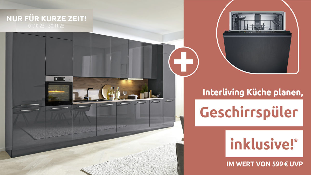 Einbauküche Interliving aus Holz in Dunkelgrau Interliving Küche Serie 3061 mit AEG Einbaugeräten Graphit & Castell Eiche - Länge ca. 408 cm