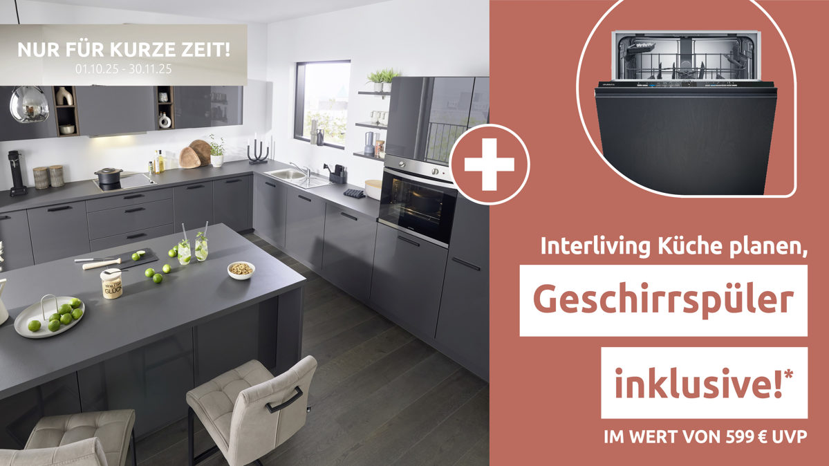 Einbauküche Interliving aus Holz in Dunkelgrau Interliving Küche Serie 3068 mit privileg-Einbaugeräten Graphit Hochglanz – Stellfläche ca. 360 x 365 cm