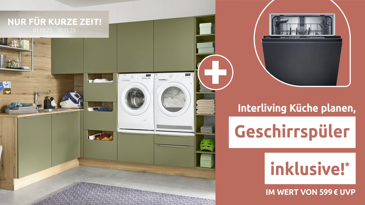 Einbauküche Interliving aus Holz in Grün Interliving Küche Serie 3074 - Hauswirtschaftsraumlösung Olive & Vulkaneiche – Stellfläche ca. 190 x 275 cm