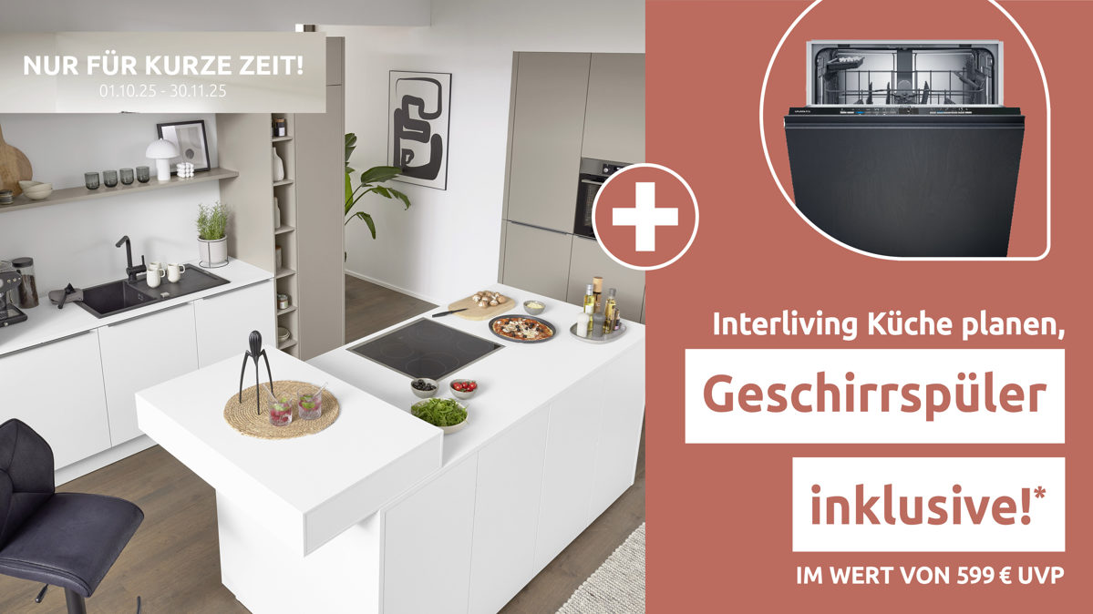 Einbauküche Interliving aus Holz in Weiß Interliving Küche Serie 3079 mit AEG Einbaugeräten Weiß & Lava - dreizeilig
