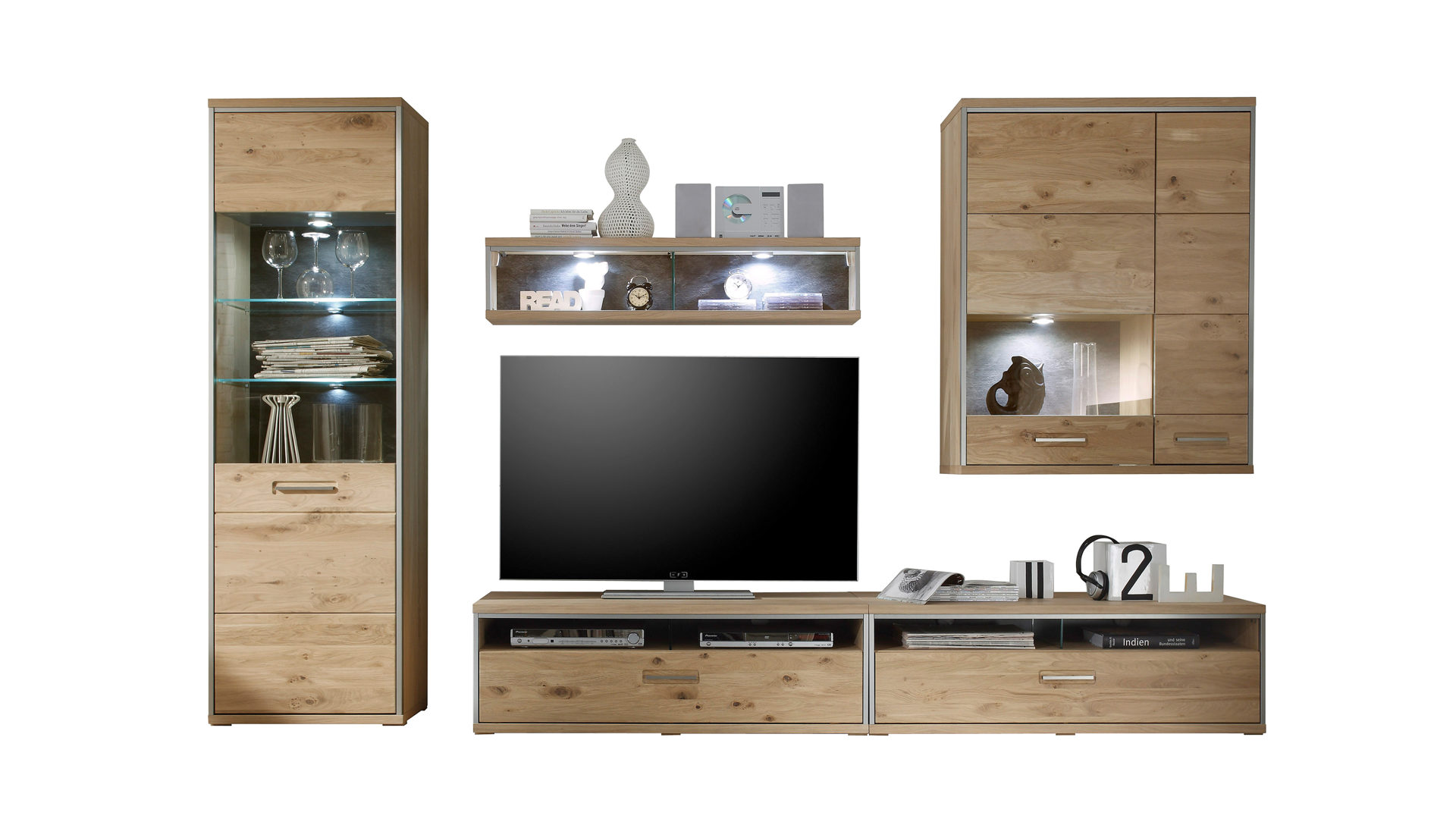 Wohnwand Mca furniture aus Holz in Holzfarben Wohnwandkombination mit Vitrine und Highboard  geölte Asteiche Bianco Fronten & Korpus geöltes Furnier – vierteilig, Breite ca. 321 cm