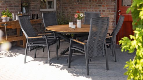 Gartenmöbel-Set Interliving aus Holz in Holzfarben Interliving Gartenmöbel Serie 7011 - Essgruppe mit Relaxstühlen anthrazitfarbenes Rope, TEXTILENE® & Aluminium, Teakholz