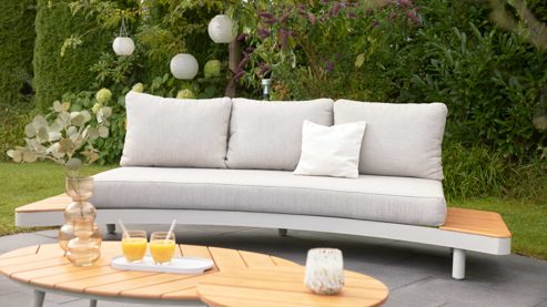 Gartensofa Interliving aus Metall in Beige Interliving Gartenmöbel Serie 7015 - Loungesofa beiges Olefin, Teakholz & taupefarbenes  Aluminium