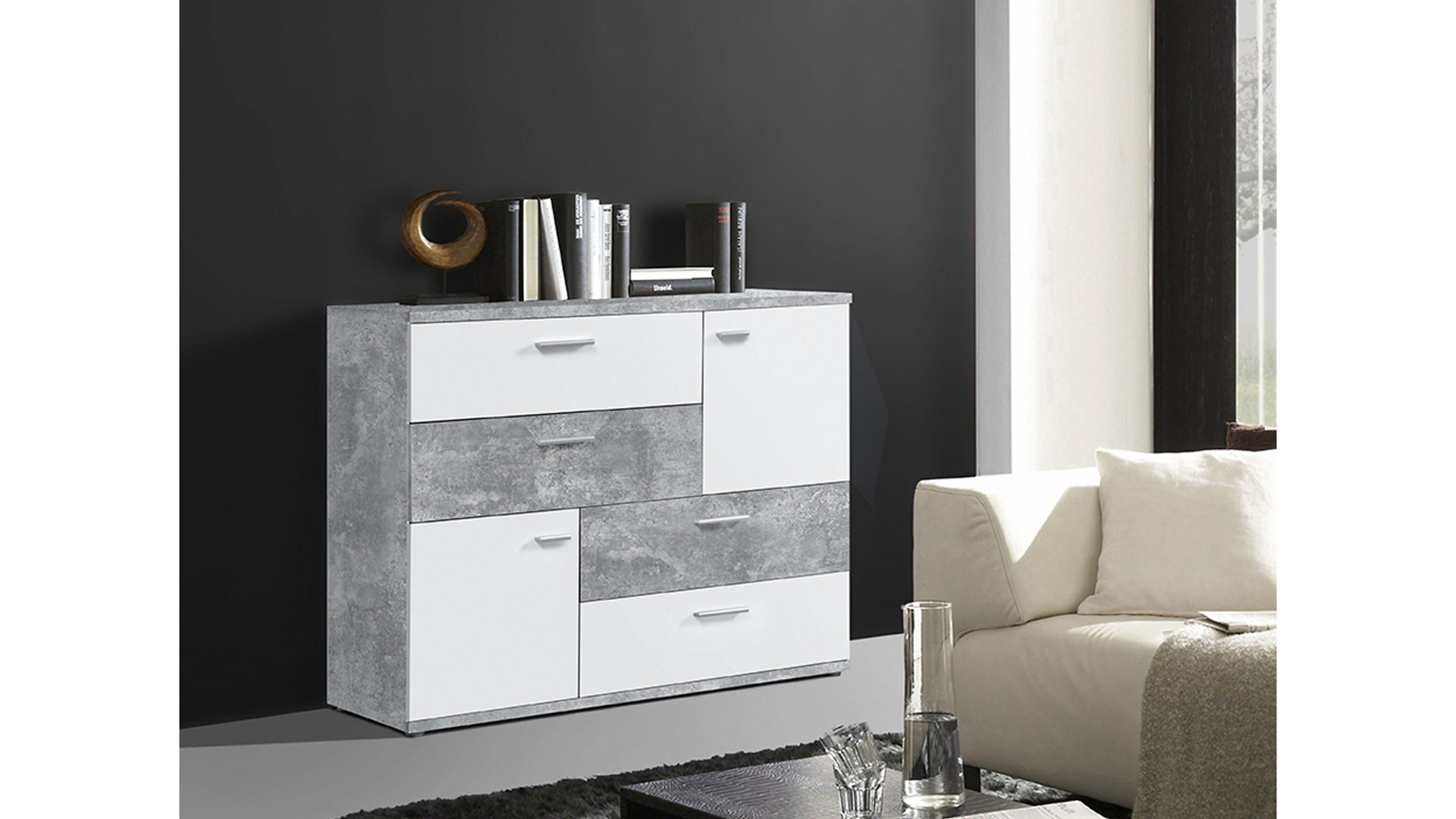 Kombikommode Forte® aus Nachbildung in Grau Kombikommode als Wohnzimmermöbel weiße & betonfarbene Kunststoffoberflächen – zwei Türen, vier Schubladen