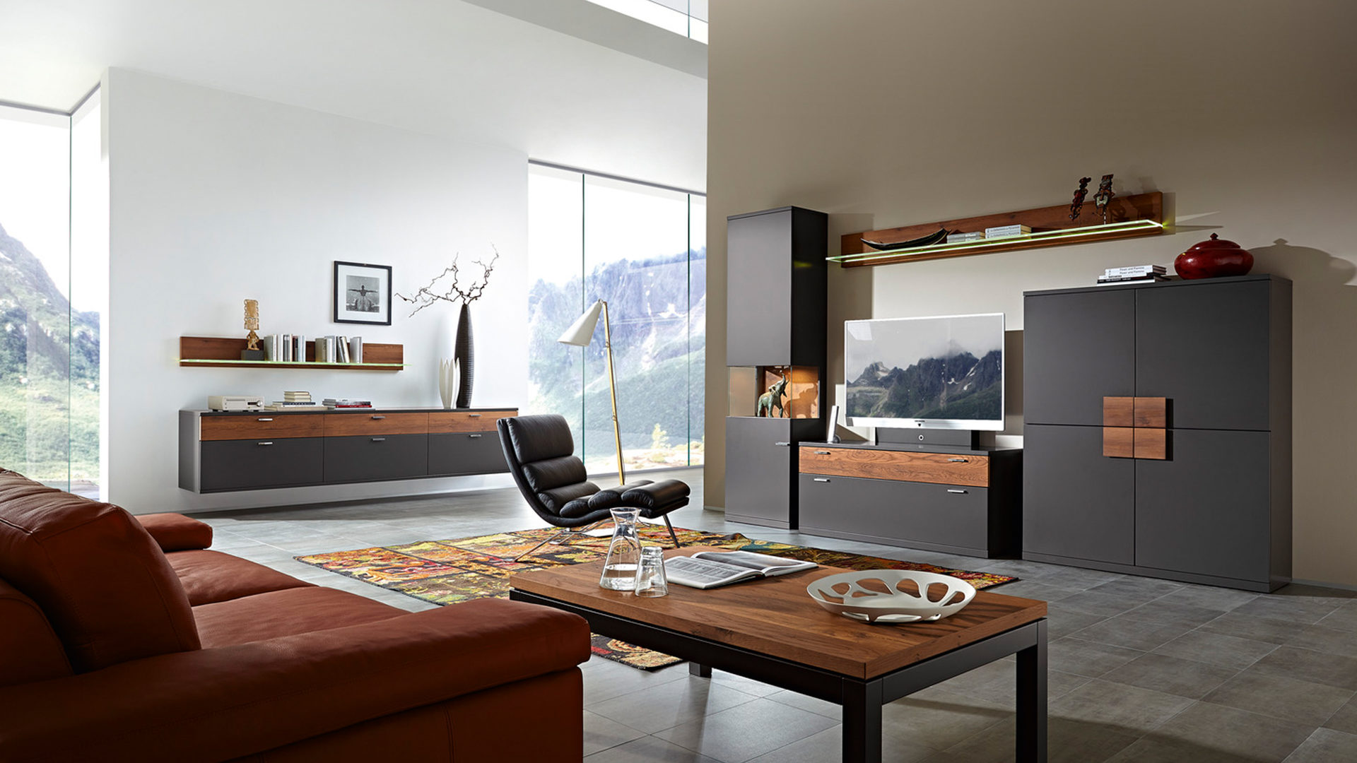 Wohnwand Rietberger möbelwerke | rmw aus Holz in Grau Vienna Wohnkombination graphitfarbene Lackoberflächen & geölte Eiche – Breite ca. 345 cm