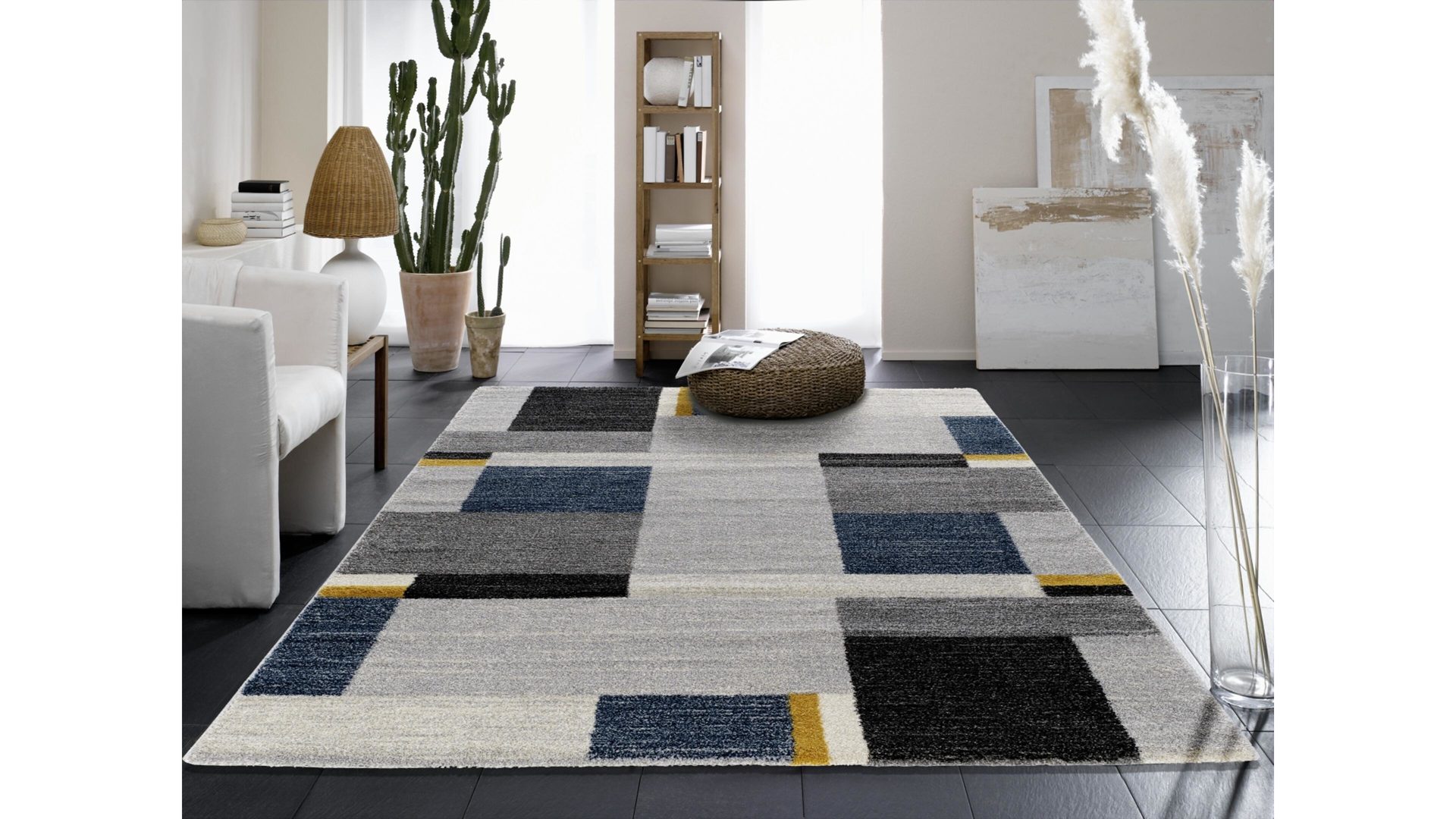 Webteppich Oci aus Kunstfaser in Blau Webteppich Castle Beppo für Ihre Wohnaccessoires blaue, graue & gelbe Kunstfaser – ca. 80 x 150 cm