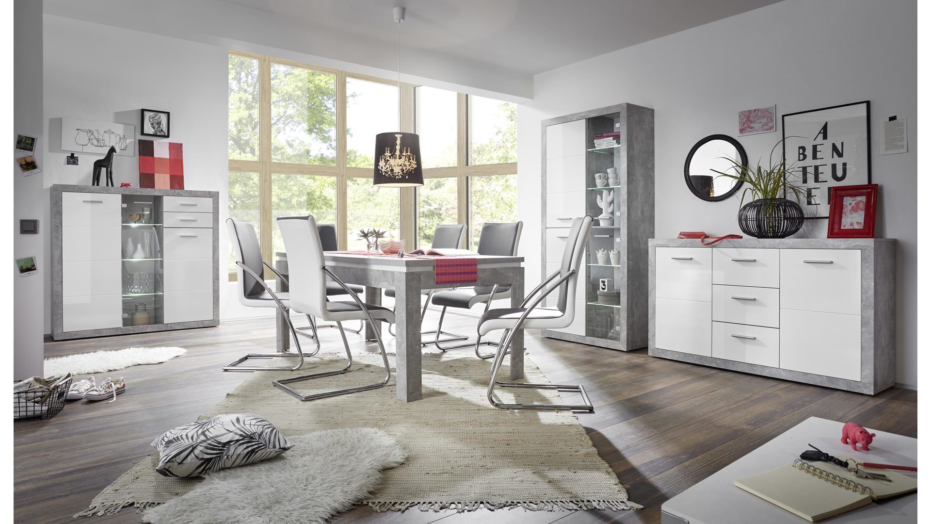 Sideboard Bega-consult aus Holz in Weiß Sideboard betonfarbene & weiße Kunststoffoberflächen – zwei Türen, drei Schubladen