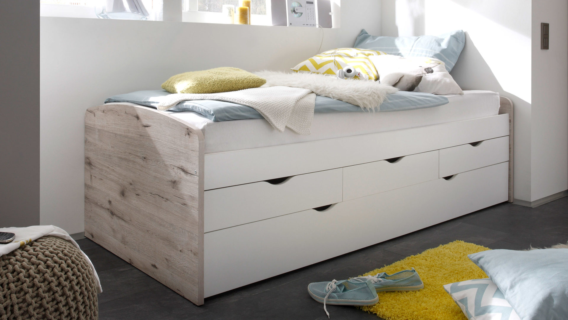 Funktionsbett Pol-power aus Holz in Holzfarben Funktionsbettgesell Sandeichefarbene & weiße Kunststoffoberflächen – Liegefläche ca. 90 x 200 cm